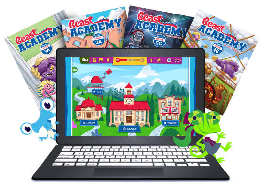 Beast Academy books and online curriculum on a laptop with BA characters