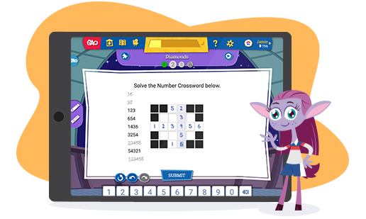 Tablet showing Beast Academy online puzzle with BA character teacher Fiona