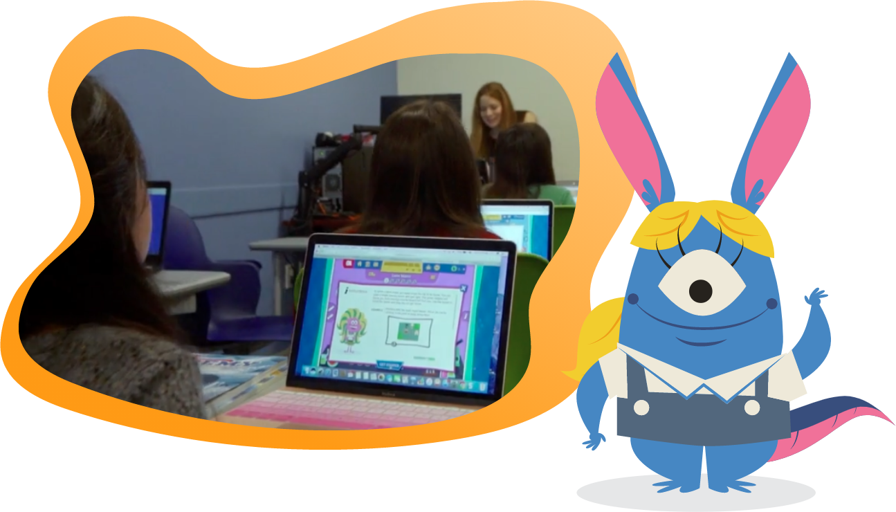Nellie and a classroom of students using Beast Academy Online