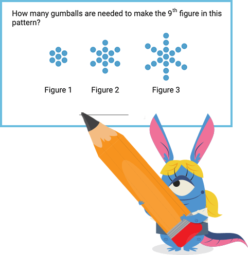 Beast Academy gumballs puzzle with BA character Nellie holding a pencil