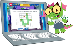 Laptop with Beast Academy online puzzle and BA character Lizzie flying next to it