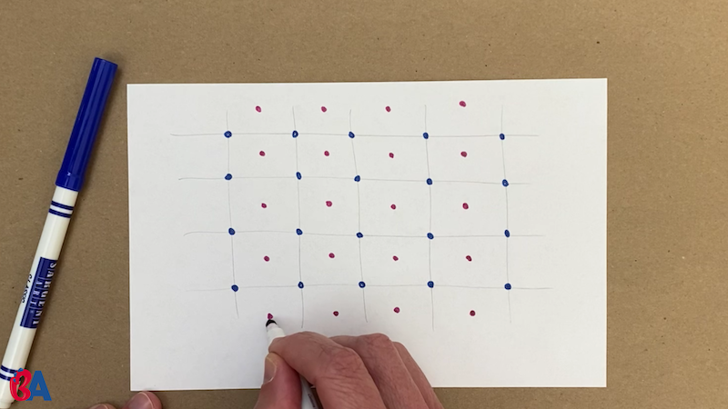 A four by five grid of dots drawn in red and another in blue