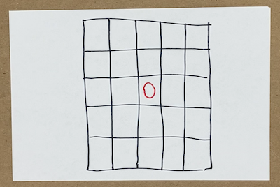 5 by 5 grid on a piece of paper with 0 written in the center
