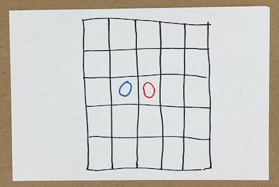 5 by 5 grid with a red 0 and a blue 0