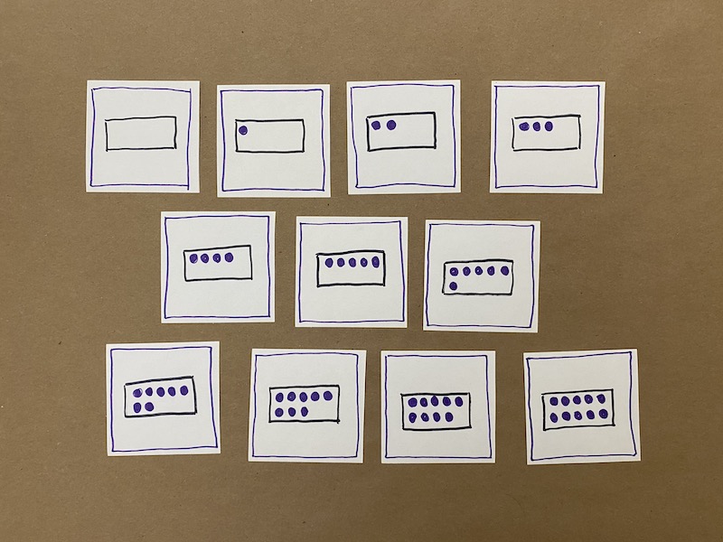 Cards with purple ten frames on them indicating the numbers 0 through 10