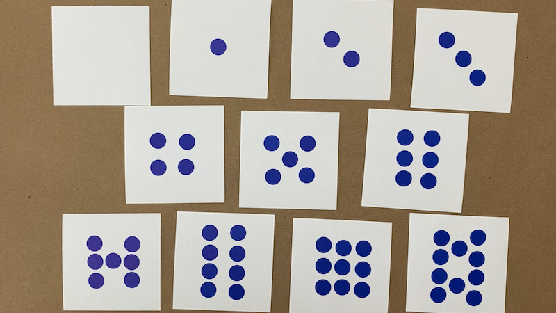 Cards with blue dots on them indicating the numbers 0 through 10