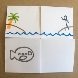 Flexagon with submarine and person on island